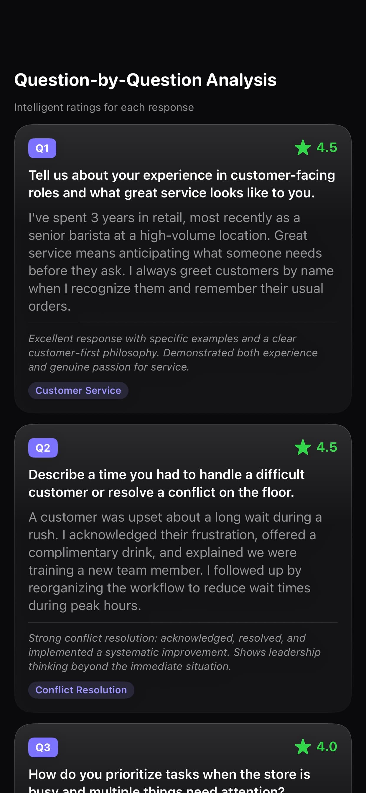 Question-by-question analysis with individual ratings per response