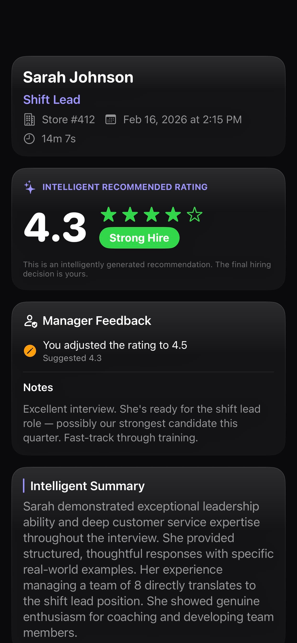 AI analysis showing 4.3 Strong Hire rating with manager feedback